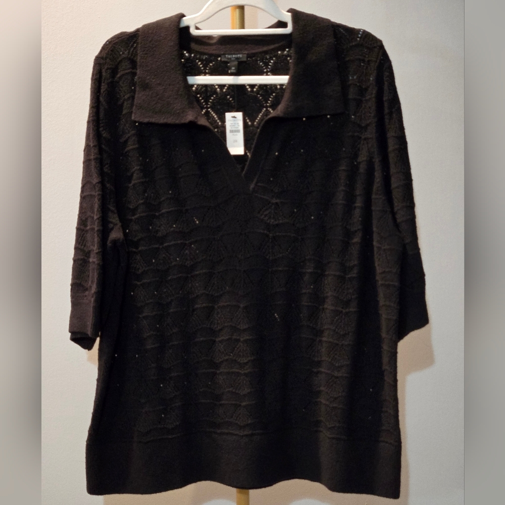 Talbots Open Stitch Johnny Collar Pullover Crochet Knit Sweater